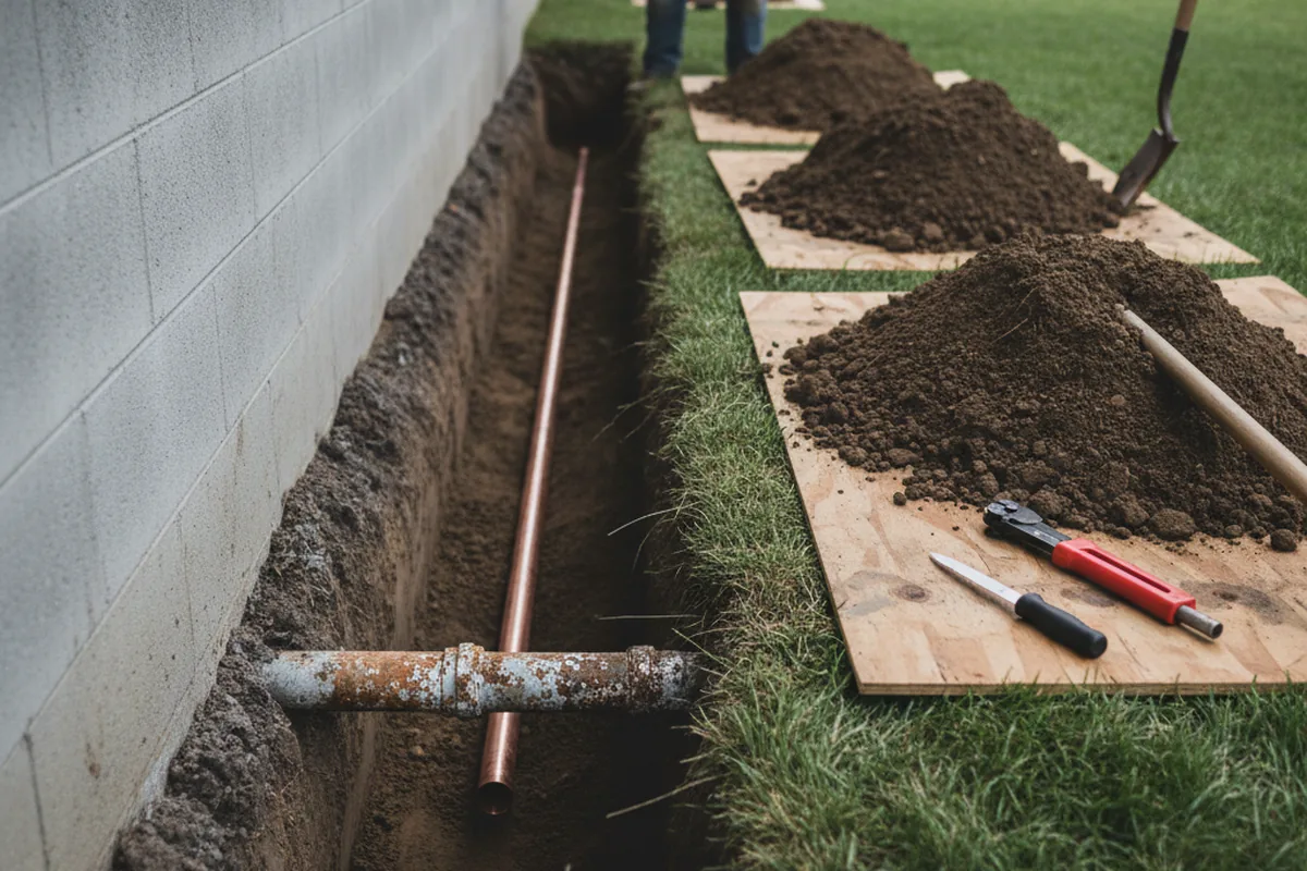 Excavated water line trench during Water Softener Installation in Sycamore